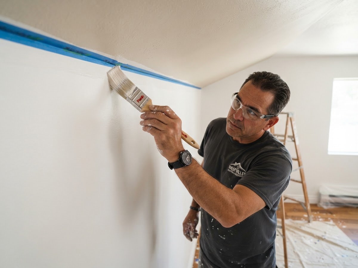 Painter cutting in crisp white paint along a ceiling edge with a brush, by an interior painter in West Valley City, UT