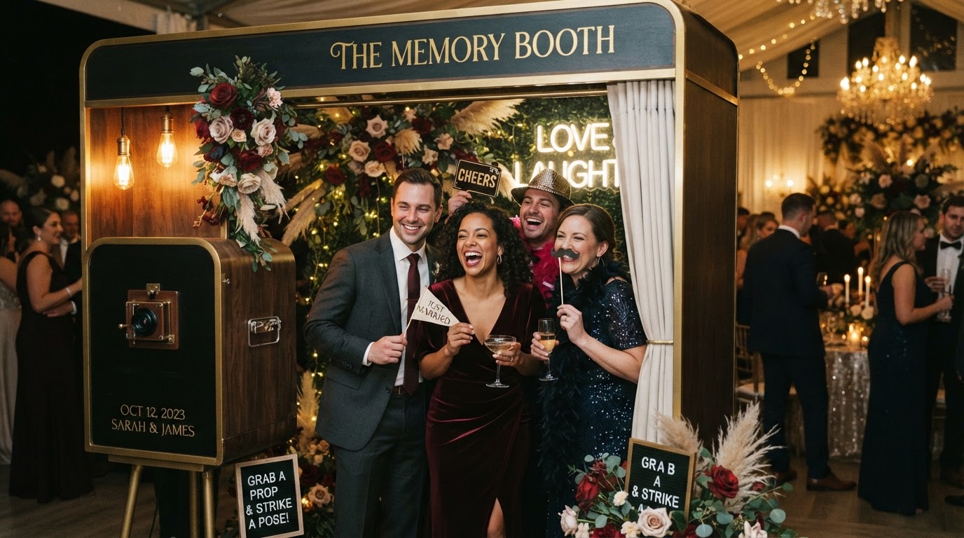 Guests enjoying a stylish photobooth at an elegant celebration