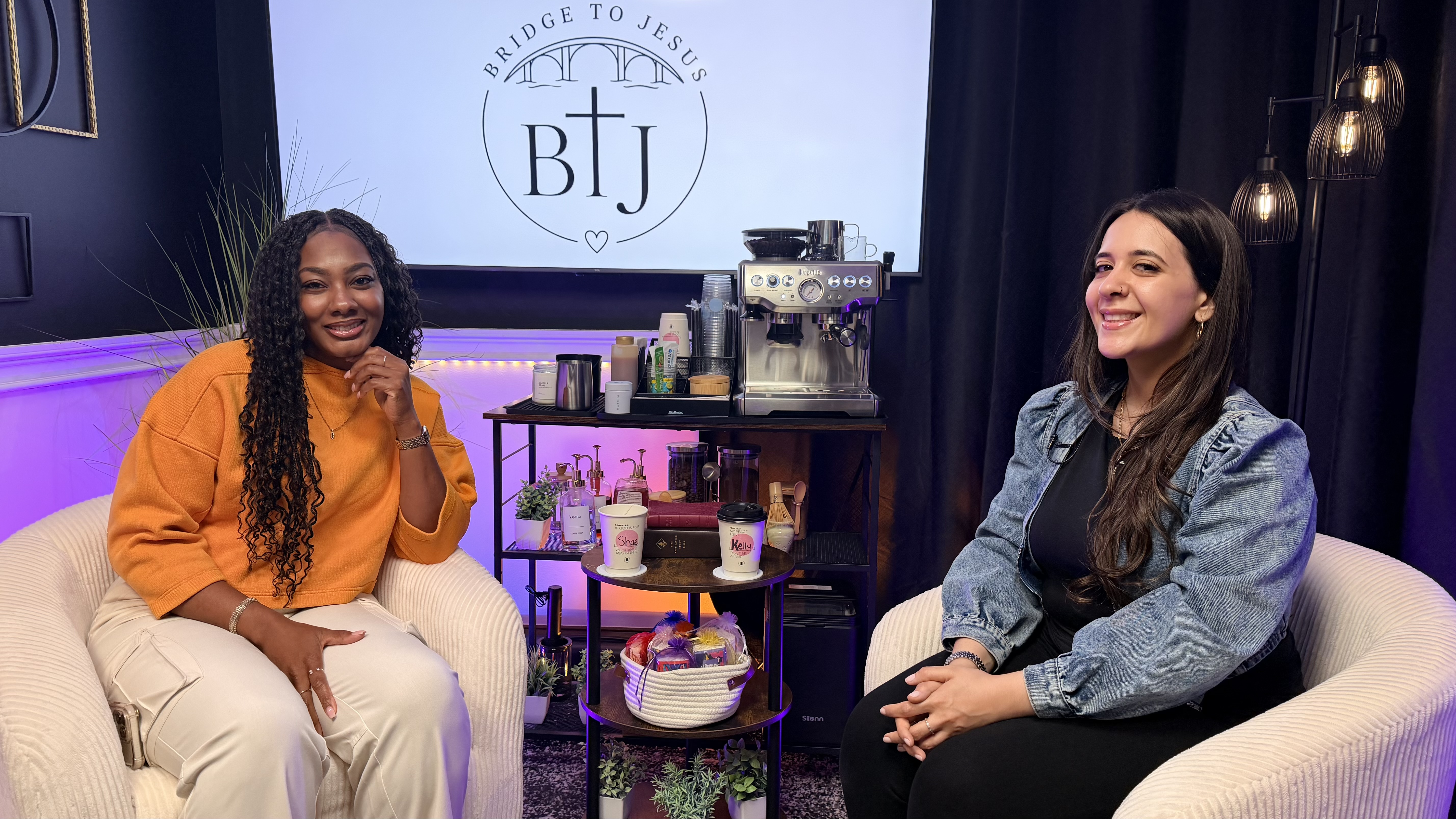 Bridge to Jesus podcast set with host and guest over coffee