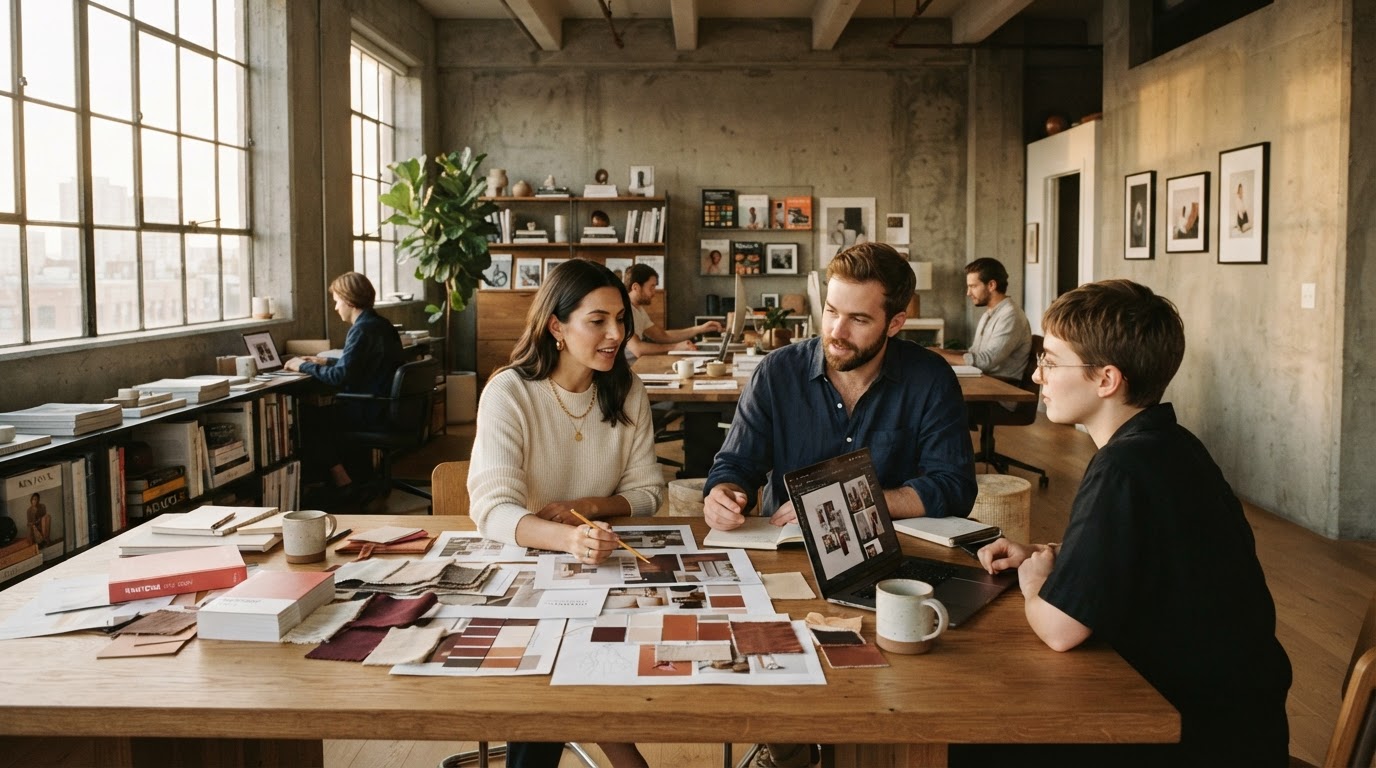 A creative team collaborating in a warm, minimalist studio loft with soft directional light