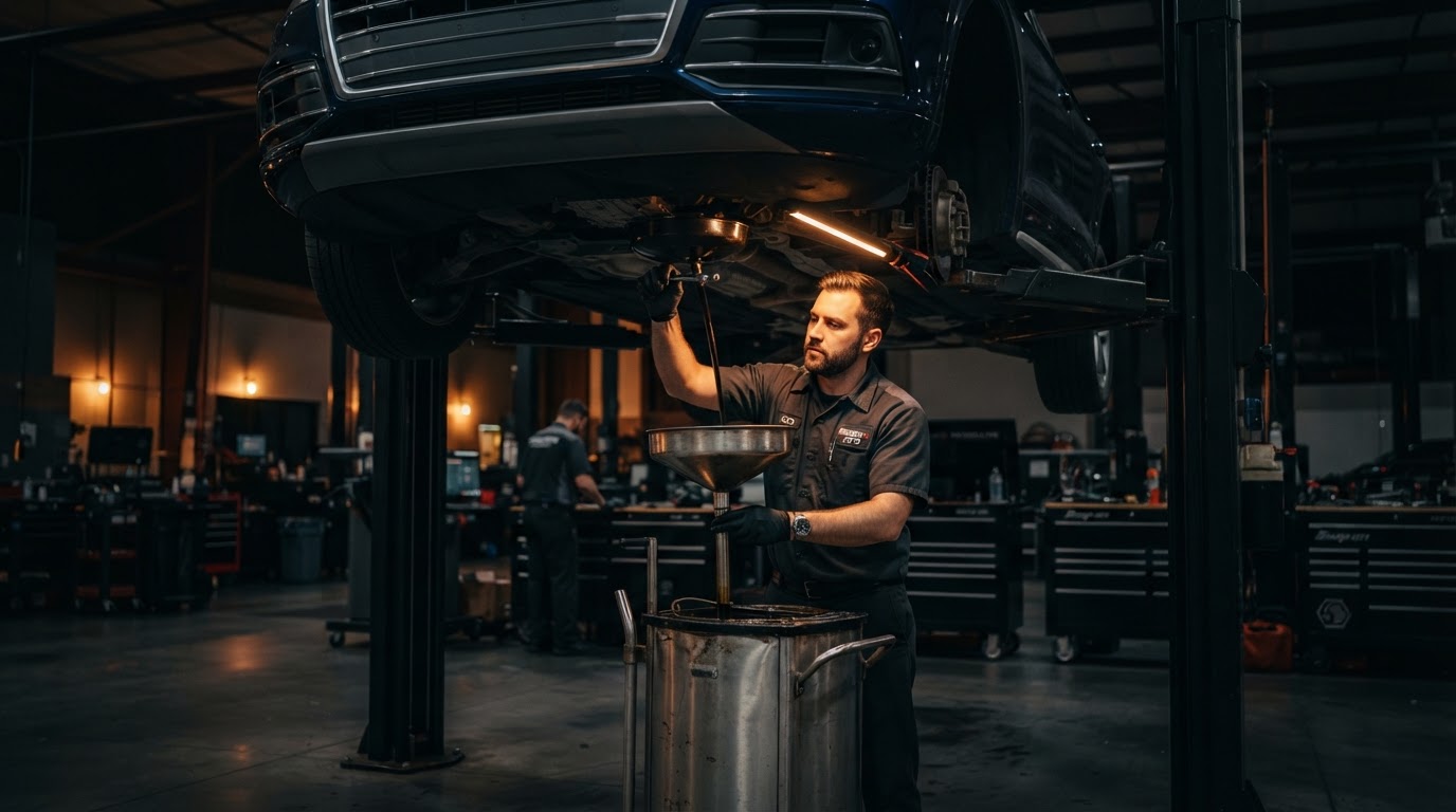 Técnico drenando aceite debajo de un auto elevado en un lubricentro