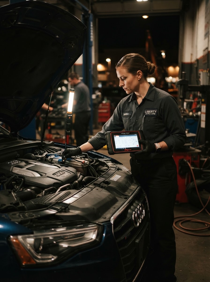 Técnico automotriz inspeccionando el compartimento del motor en un lubricentro
