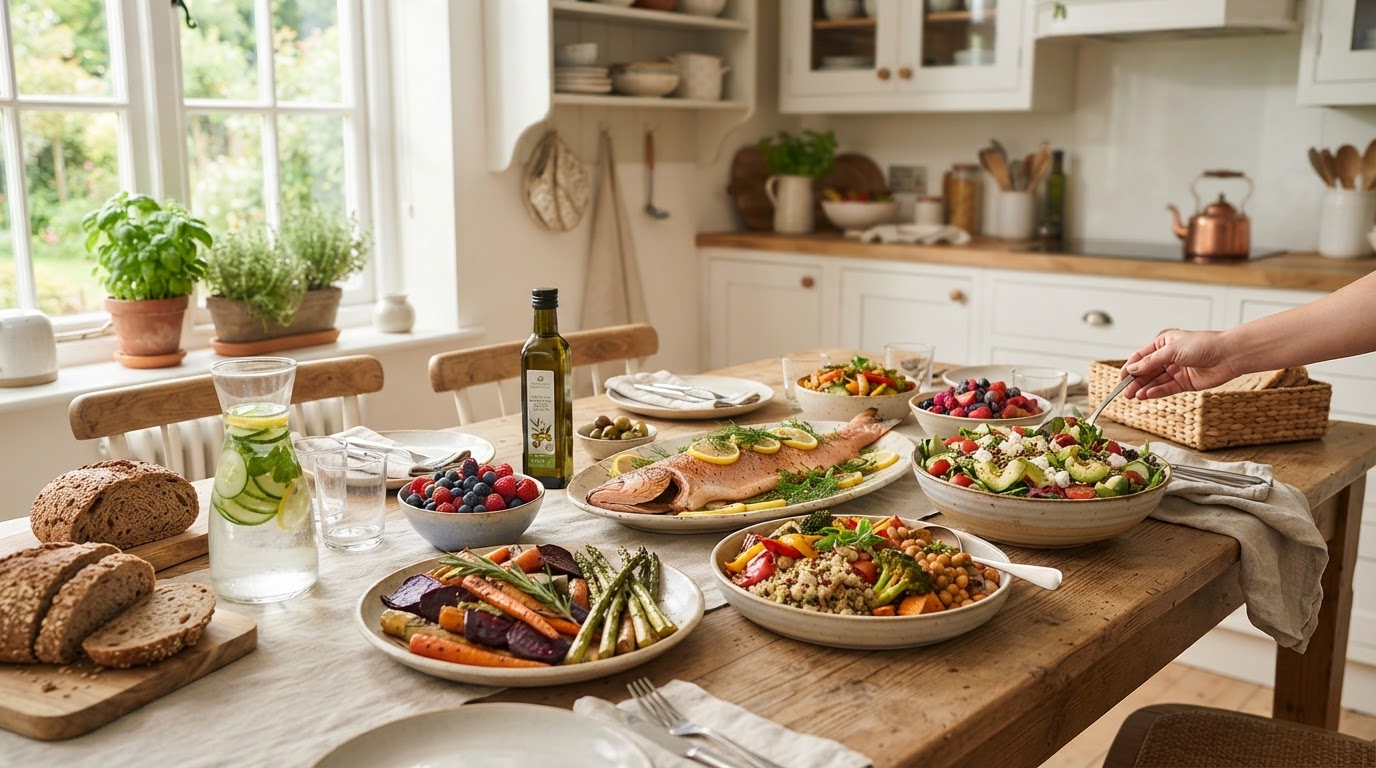 Nourishing, whole food meal on a dining table with fresh ingredients