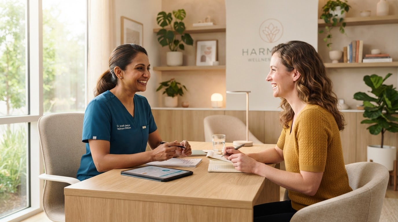 Compassionate clinical consult with clinician and patient reviewing health plan together