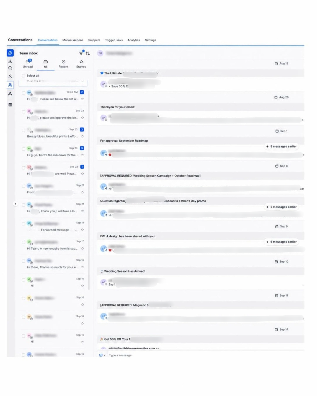 Fortunyx Conversations Inbox showing team inbox, email, SMS and booking notifications