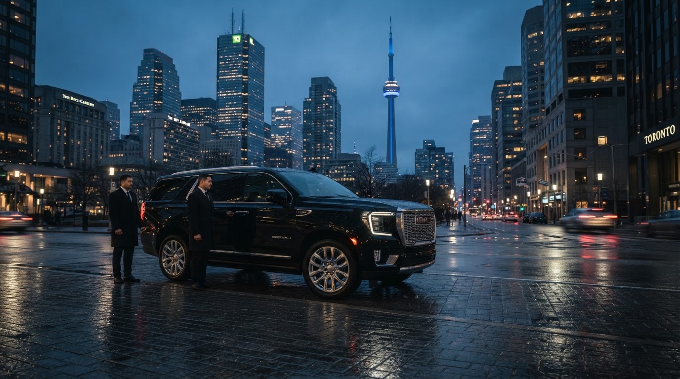 Black GMC Yukon Denali luxury SUV chauffeur service in Toronto at dusk