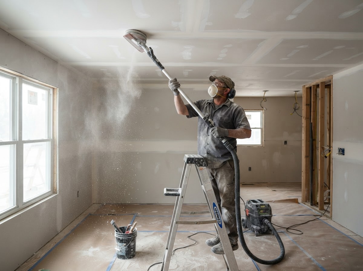 Worker sanding and smoothing ceiling drywall joints inside a room during a drywall project in Ahwatukee, AZ
