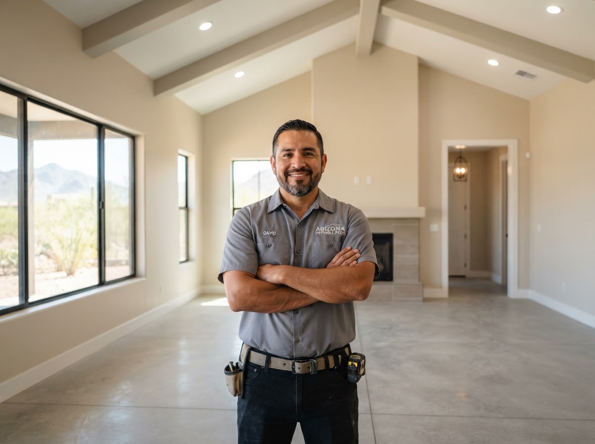 Confident professional drywall contractor standing in a finished modern Ahwatukee, Arizona home interior
