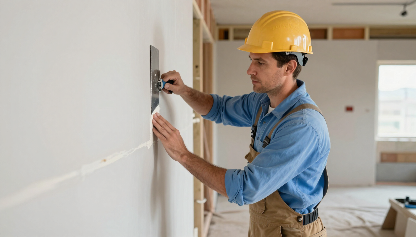 Drywall contractor applying joint compound with a hawk and trowel to finish a wall in San Tan Valley, AZ