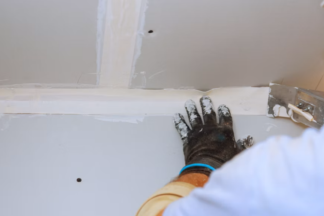 Drywall taping and finishing specialist smoothing joint tape and compound along a ceiling seam in San Tan Valley, AZ