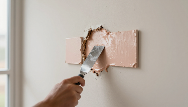 Drywall repair technician using a putty knife to patch a hole in a damaged wall in San Tan Valley, AZ