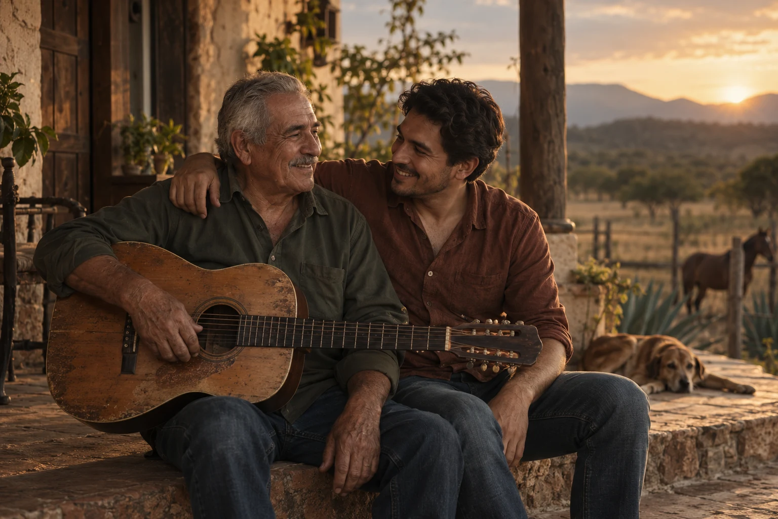 Padre e hijo compartiendo un momento con una guitarra en un patio mexicano
