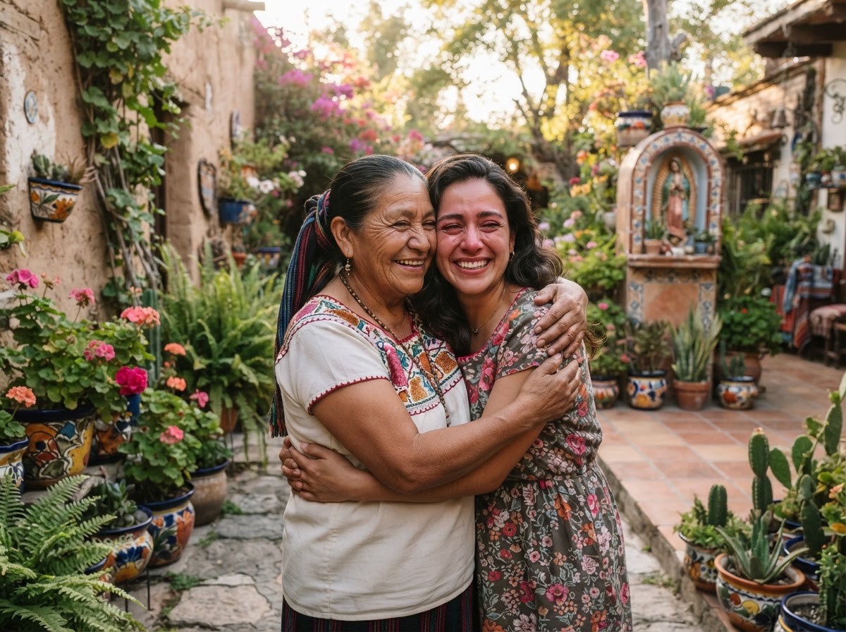 Madre e hija compartiendo un abrazo lleno de amor en un patio mexicano