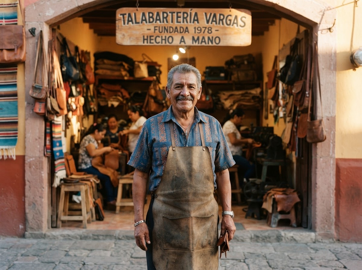 Emprendedor mexicano orgulloso frente a su negocio y taller familiar