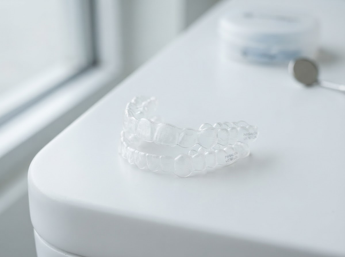 Clear Invisalign aligner trays used for discreet teeth straightening