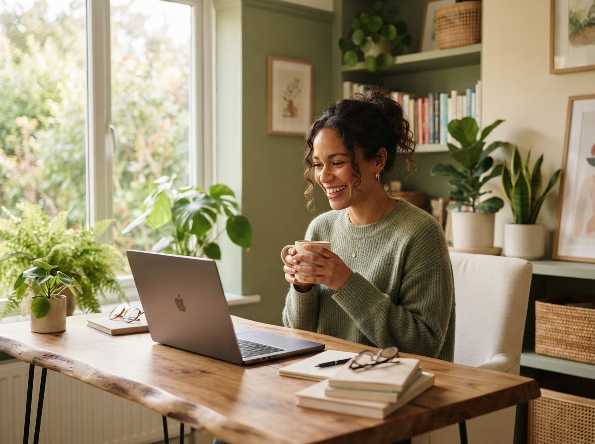 A woman working confidently from her sunlit home desk