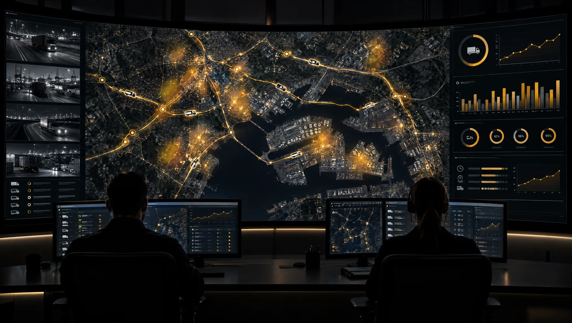 Centro de Control Operativo con mapa satelital de rutas en tiempo real