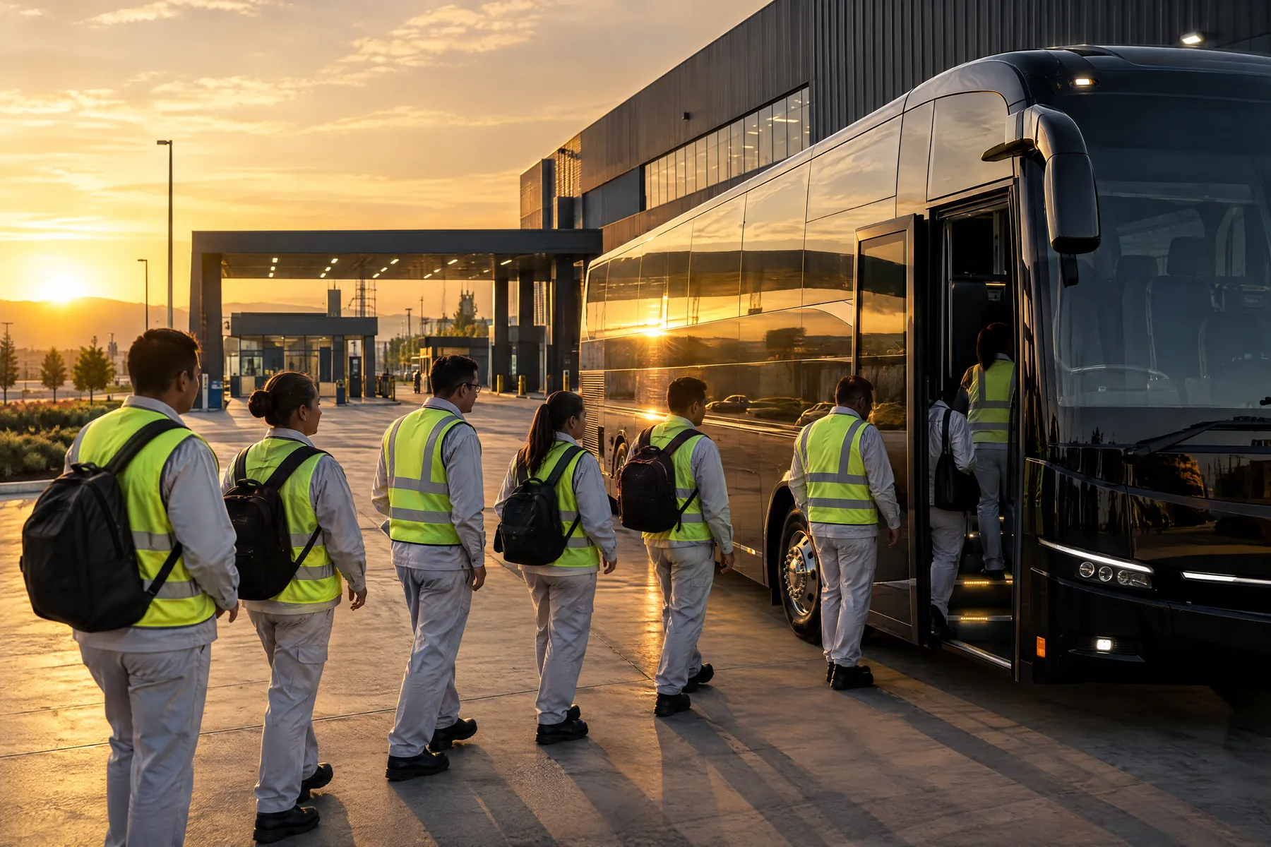 Colaboradores de planta abordan un autobús al amanecer