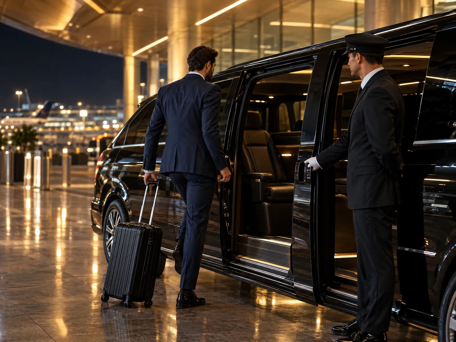 Ejecutivo aborda una van premium con chofer en terminal aérea