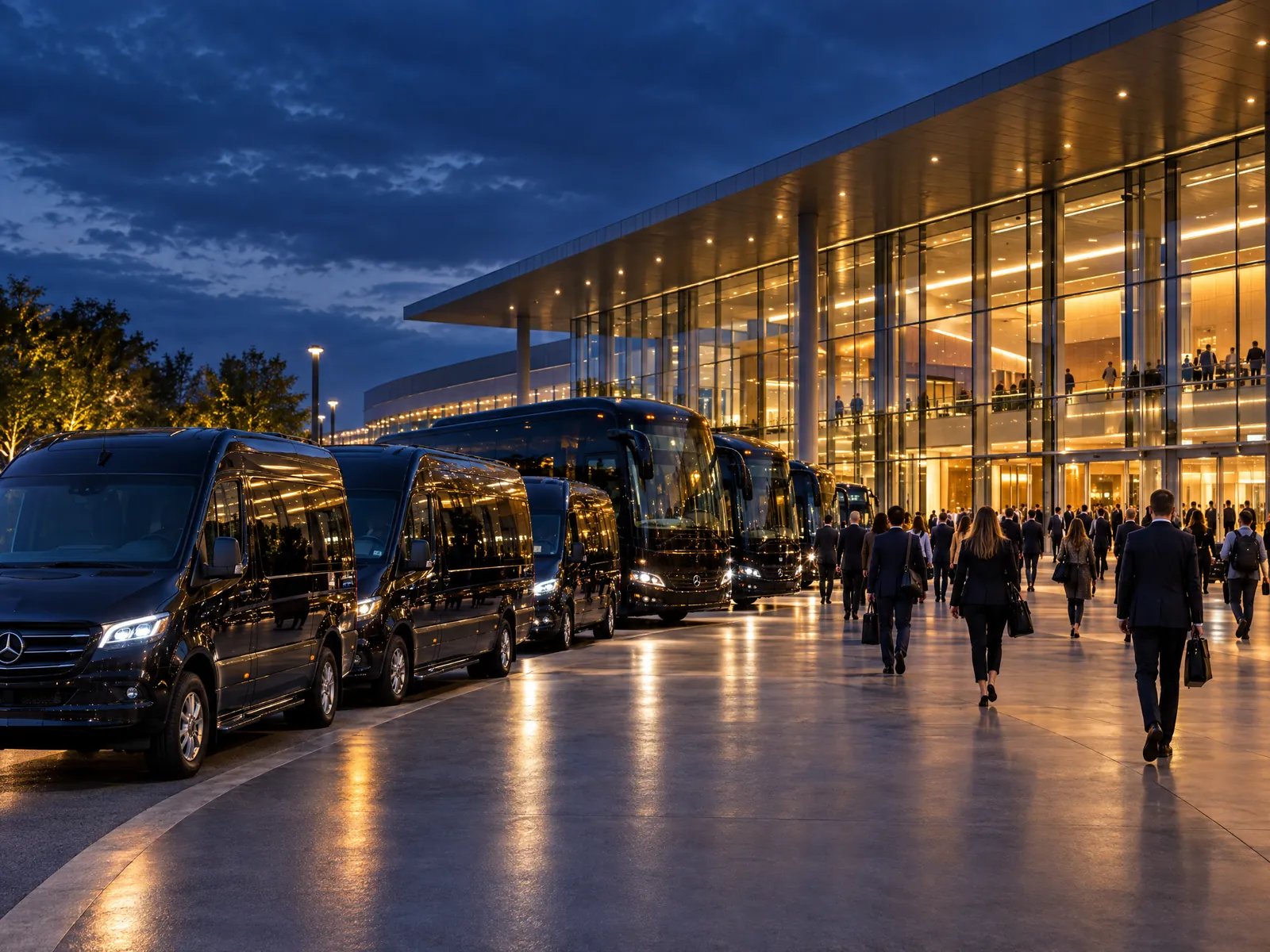 Flota de minibuses frente a un centro de convenciones al anochecer