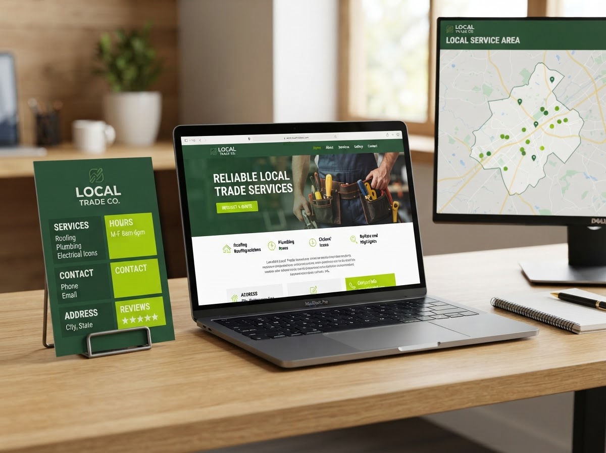 Local trade business profile beside a map and website