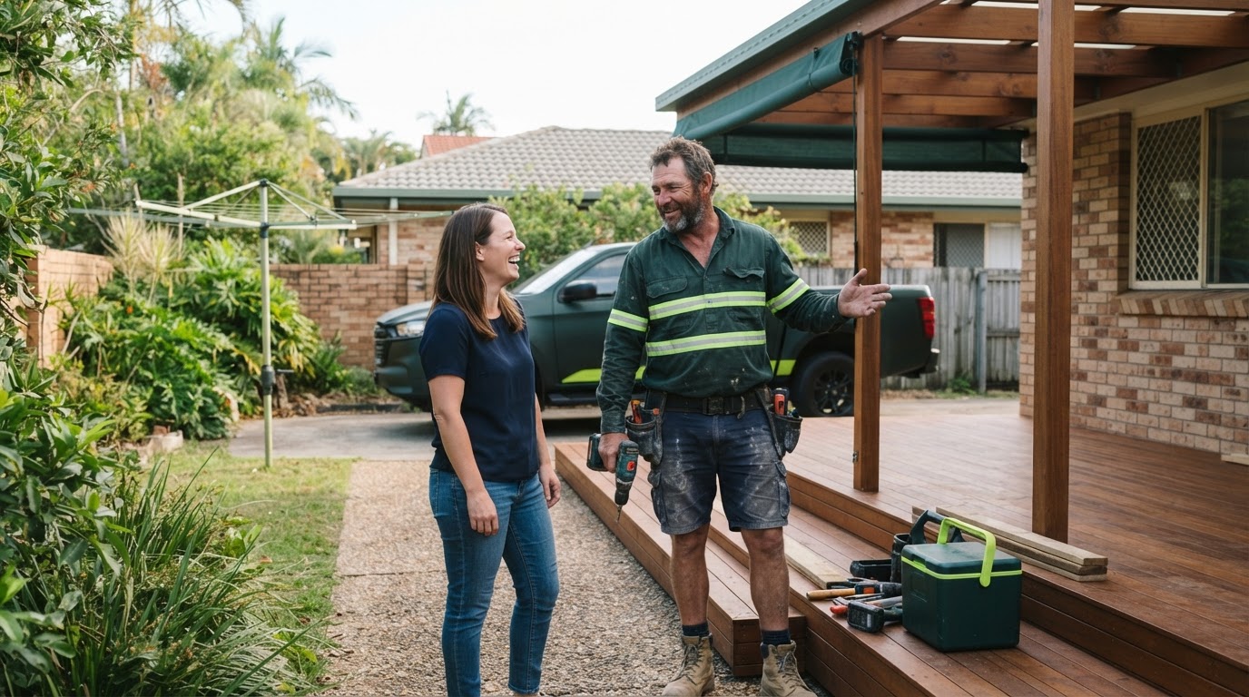 Australian tradie speaking with a satisfied customer after a job