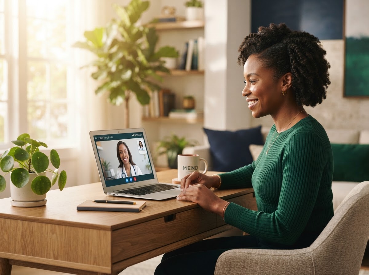 Adult receiving virtual primary care consultation on laptop at home