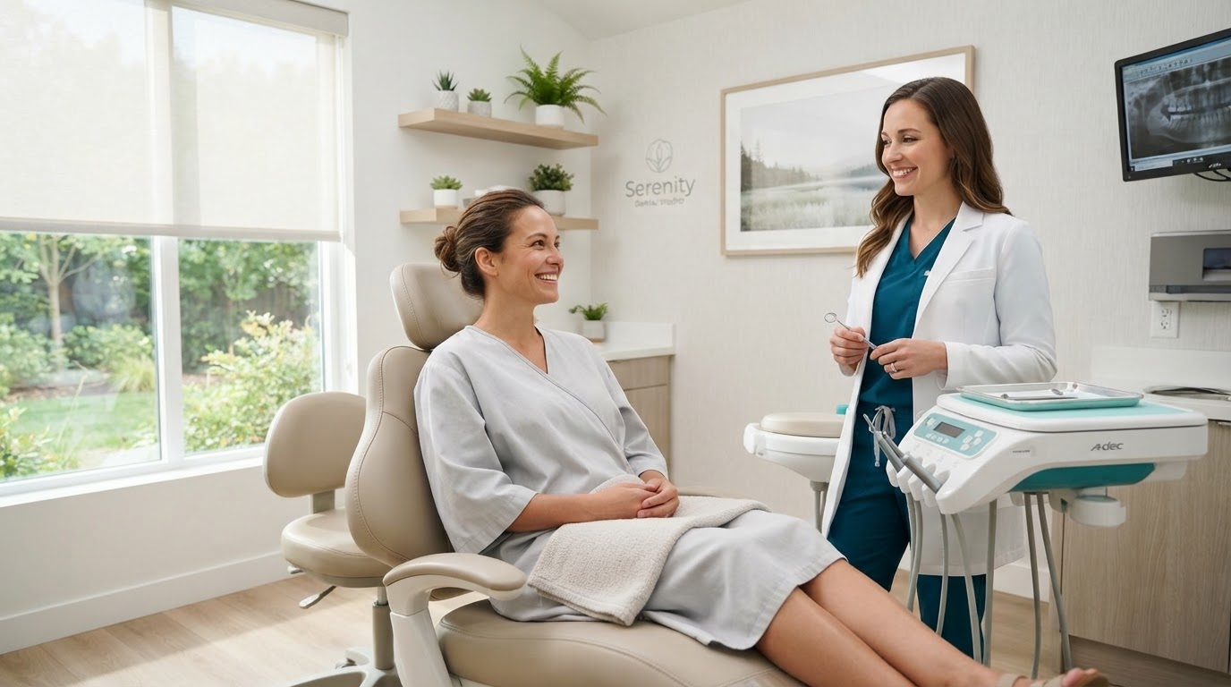 Calm, modern dental treatment room at Lasting Smiles in West Covina