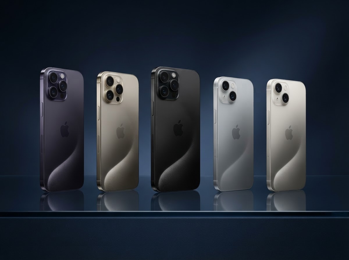 Several representative modern iPhone models arranged on a dark navy surface