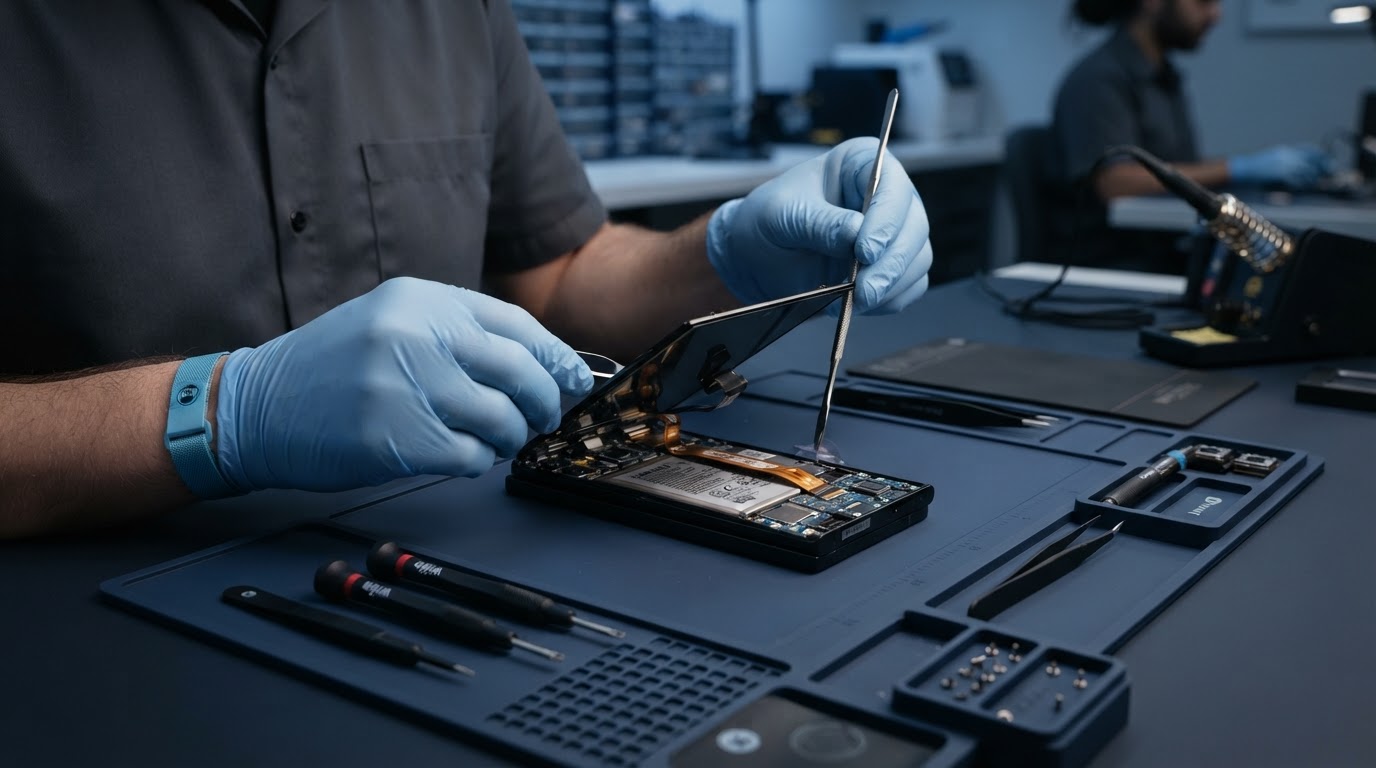 Technician repairing a modern Samsung Galaxy smartphone at a professional electronics repair workstation with precision tools