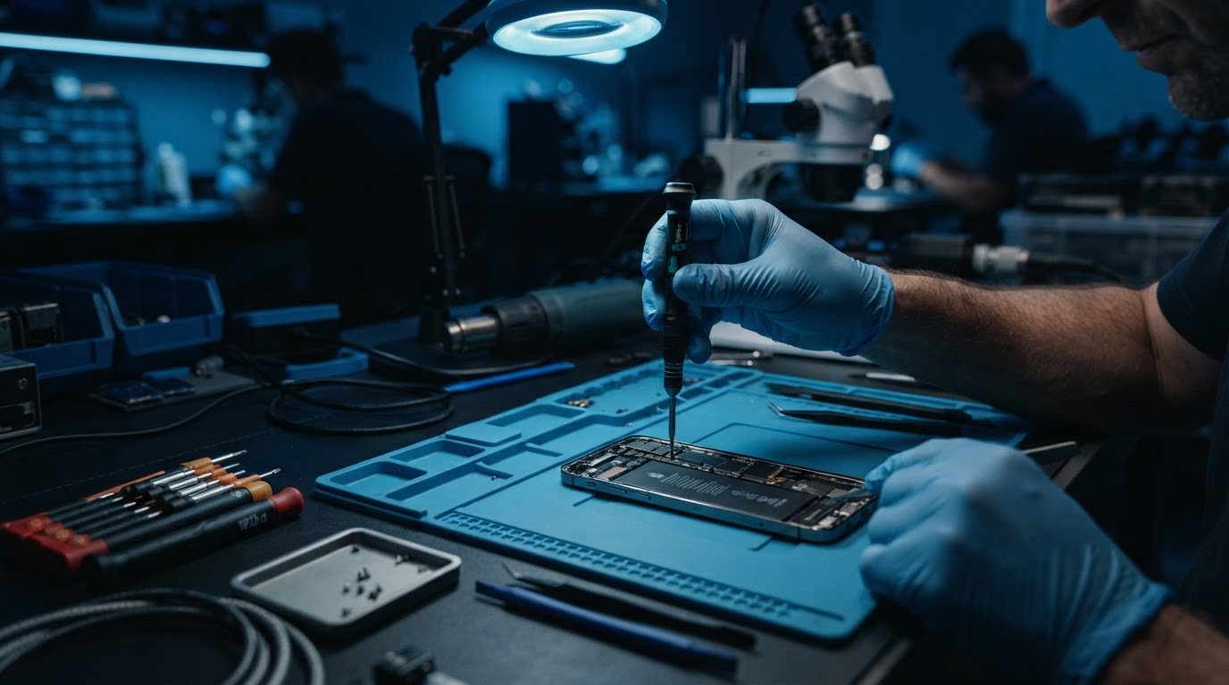Technician repairing a modern smartphone at a professional repair workbench with precision tools