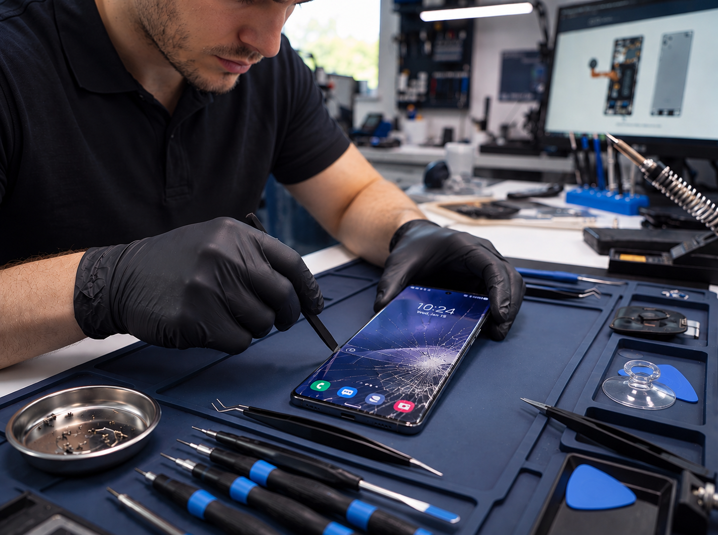 Technician inspecting a newer Samsung Galaxy S-series phone with turned on cracked screen