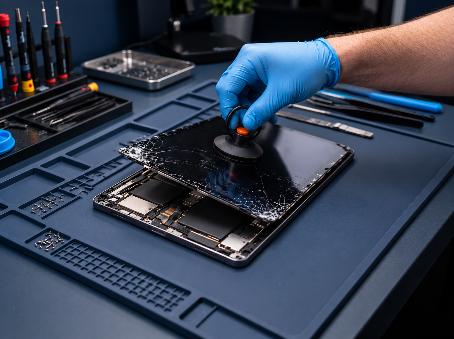 Technician lifting cracked iPad screen with suction tool revealing internal components