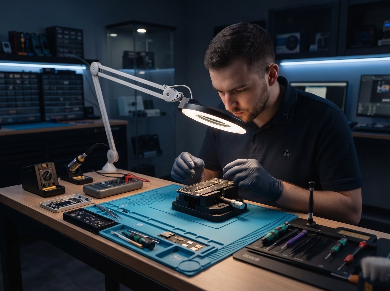 Technician closely inspecting an opened phone under a magnifying lamp at a clean workstation