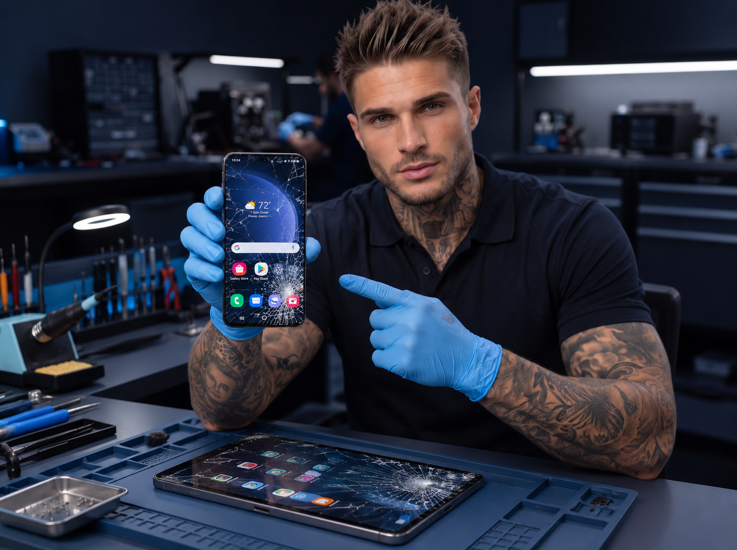 Repair technician holding up and displaying a cracked smartphone