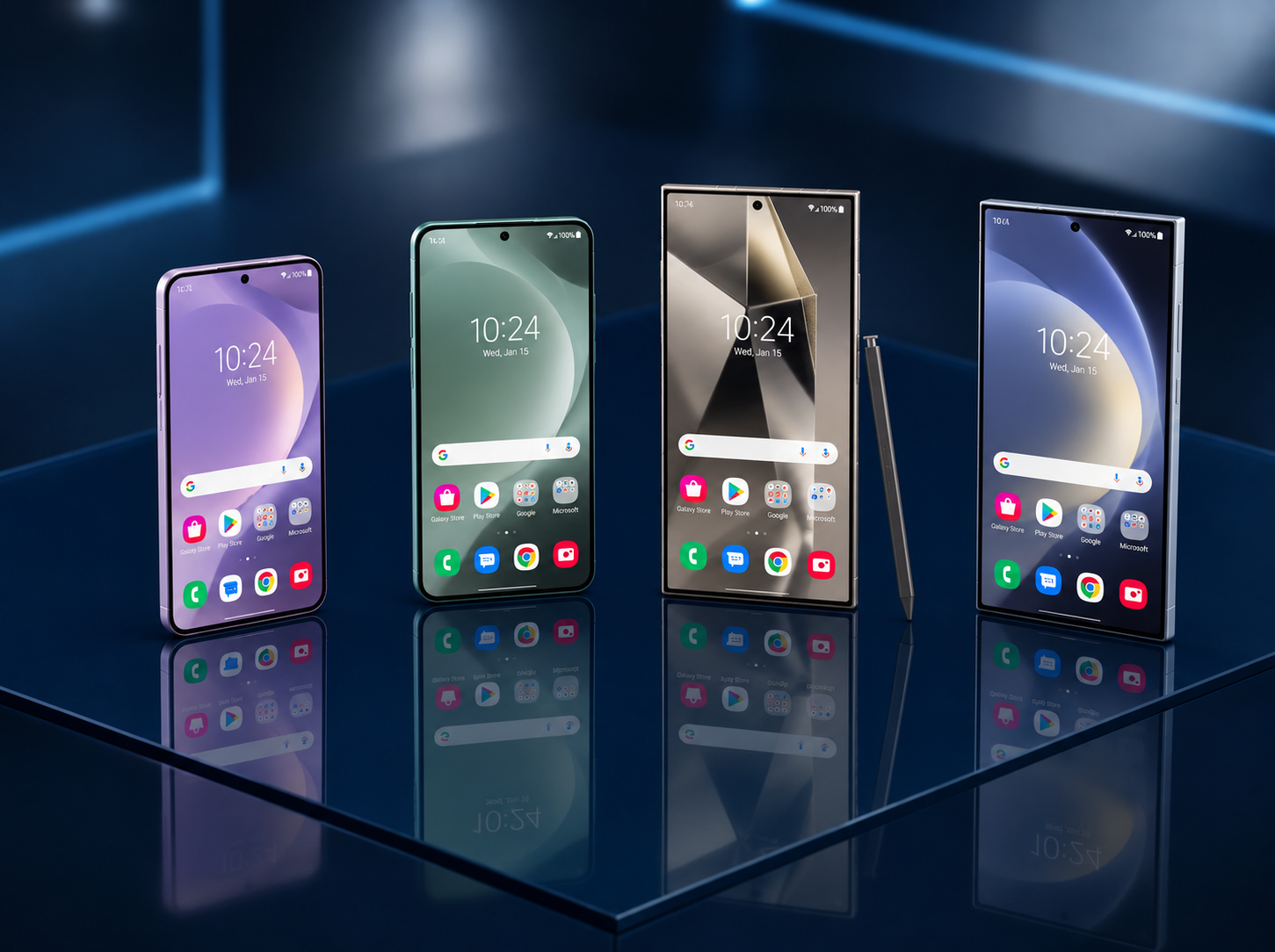 Four newer Samsung Galaxy S-series phones standing upright with screens on