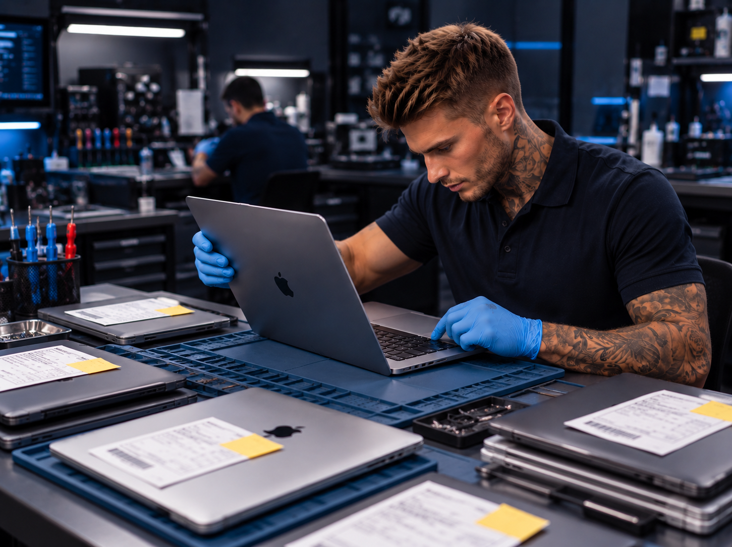 Male repair employee inspecting an open MacBook at the repair bench with laptops and work orders