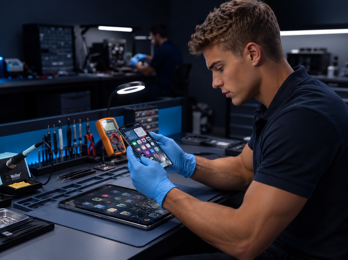 Technician inspecting a cracked iPhone at the repair workbench