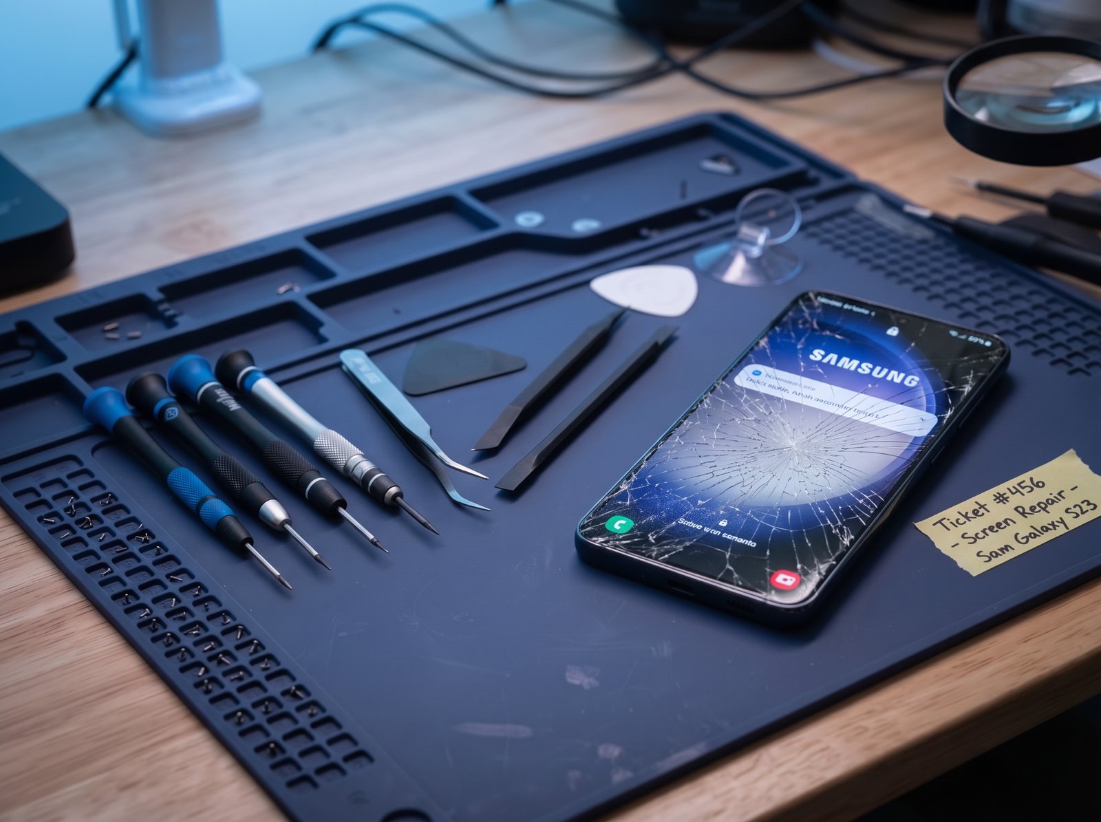 Technician working on a Samsung Galaxy smartphone at a clean professional repair workstation