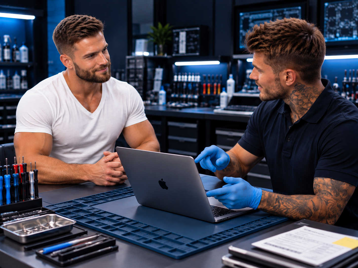 Male customer sitting with the male repair employee while discussing MacBook repair options