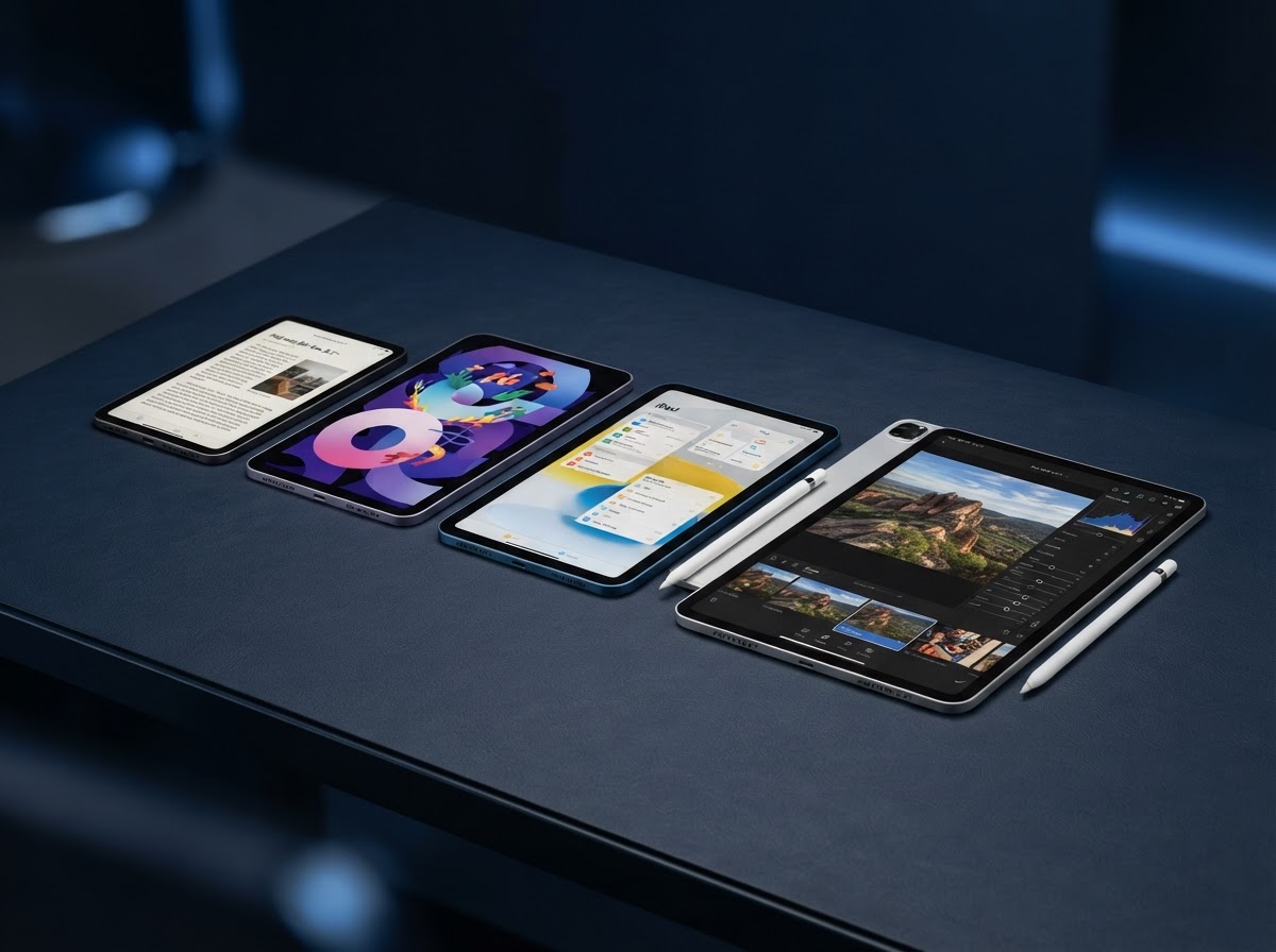 Multiple modern iPad models of different sizes displayed together on a dark surface