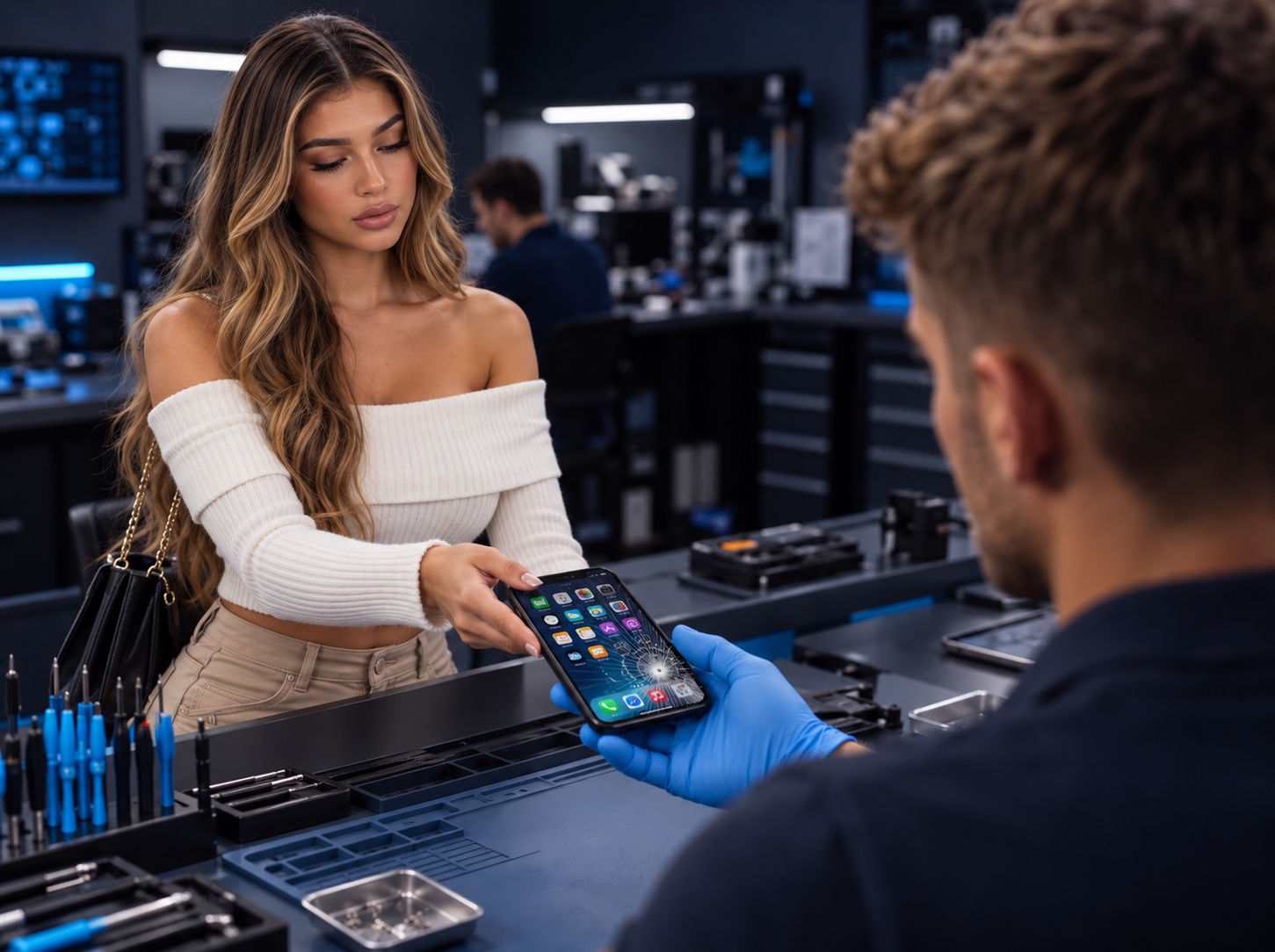 Customer handing cracked iPhone to repair technician at the service counter