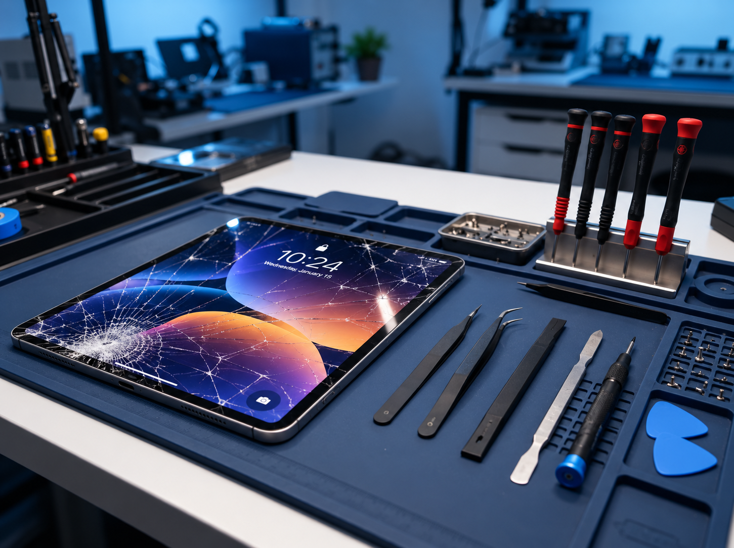 Cracked iPad Pro lying on repair mat with screen turned on and repair tools nearby