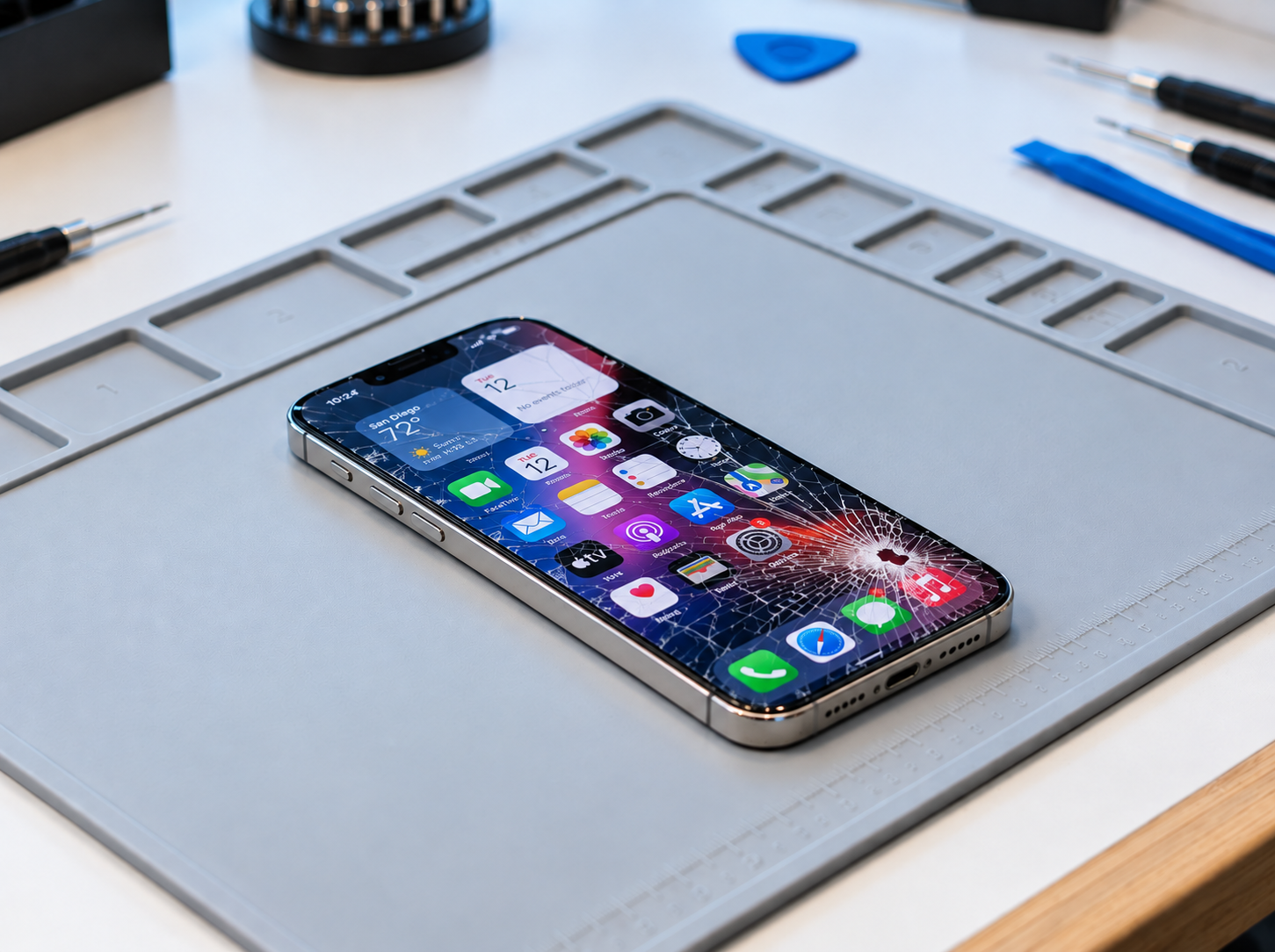 Cracked screen smartphone on a gray technician repair mat