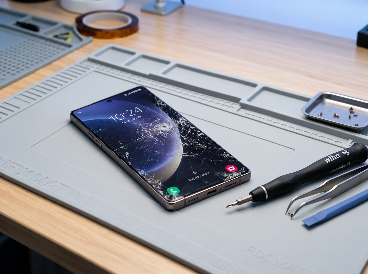 Close-up of a newer Samsung Galaxy S-series phone on repair mat with cracked screen turned on