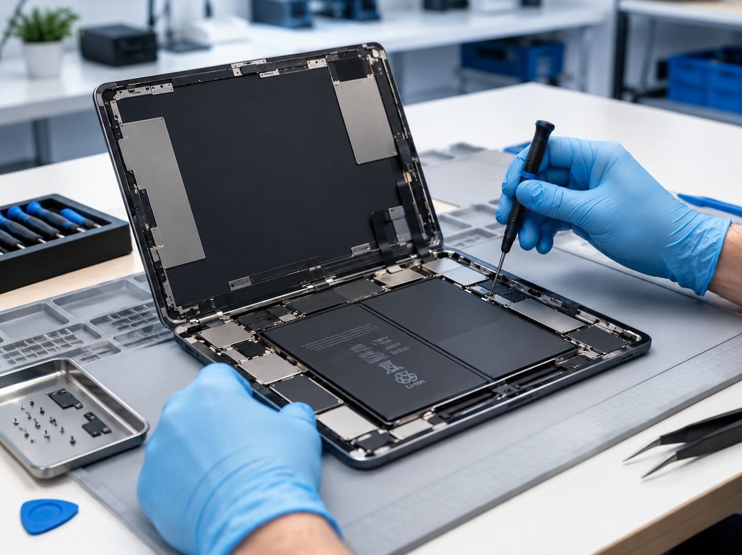Opened tablet showing internal battery and components being repaired at a workstation