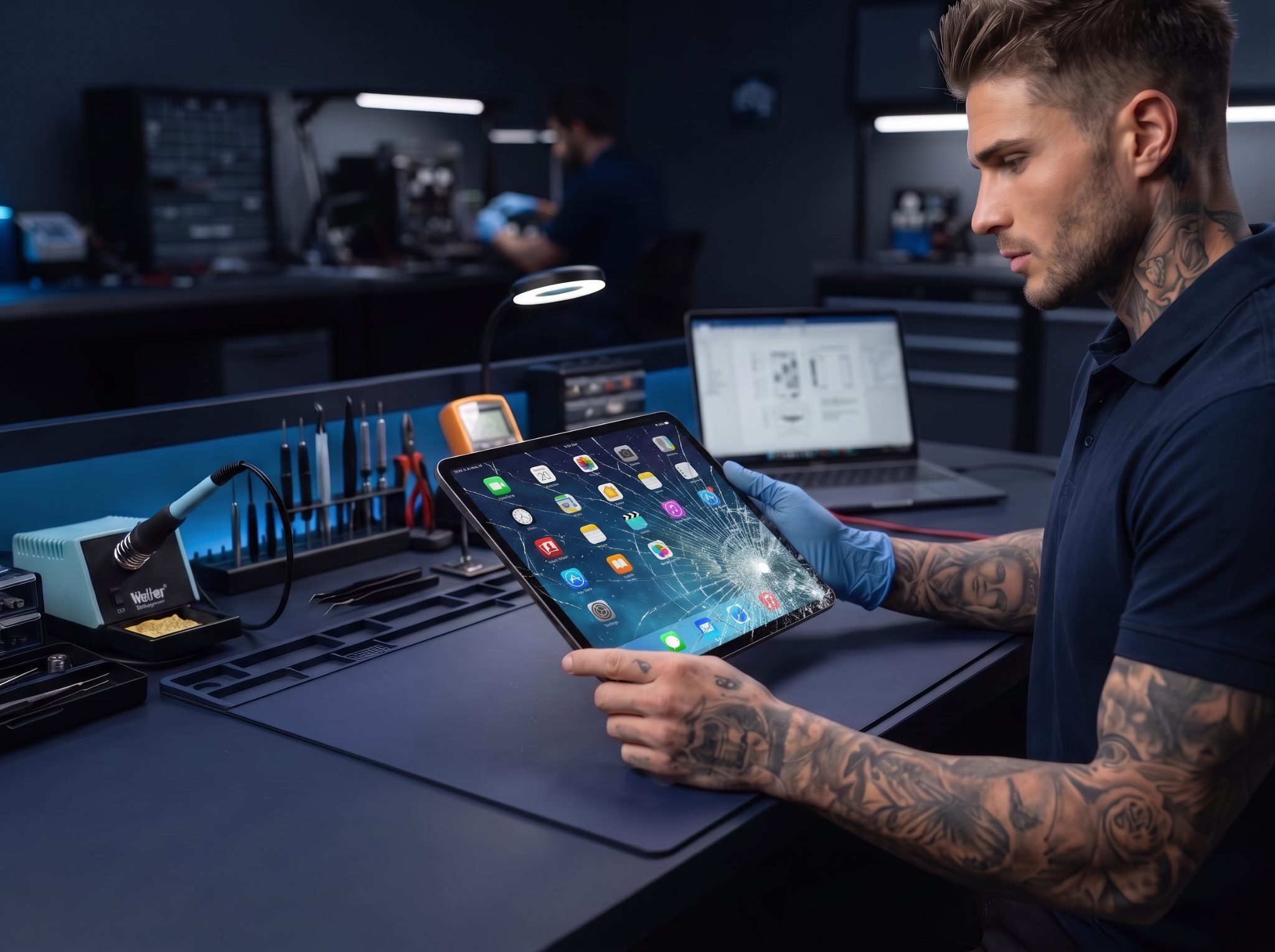Repair technician inspecting a damaged iPad at the repair workstation