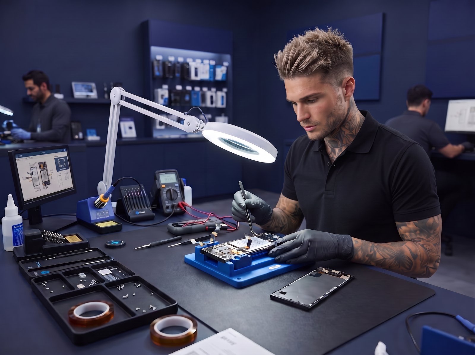 Close-up of precision repair tools arranged on a clean navy repair mat beside a Samsung phone