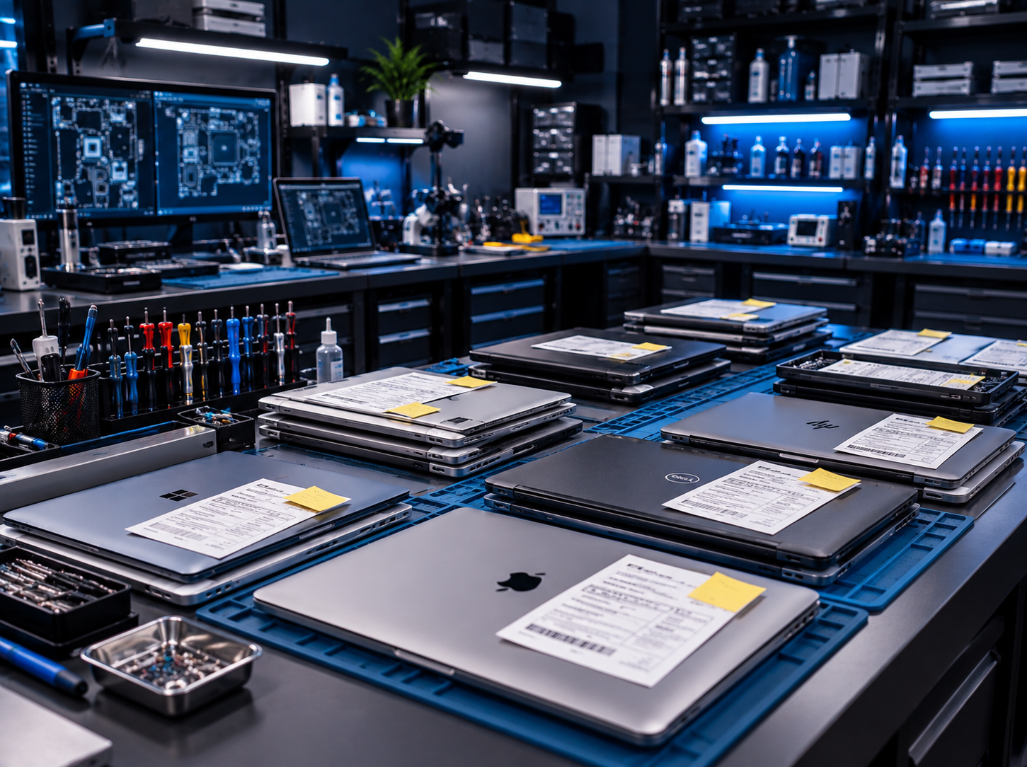 Computer repair workbench with multiple laptops waiting for repair with attached work-order paperwork