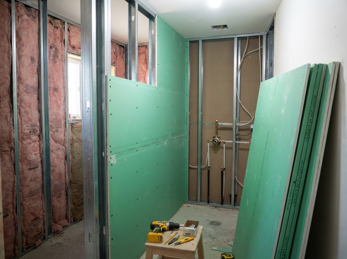 Green board moisture-resistant drywall installed over framing with insulation
